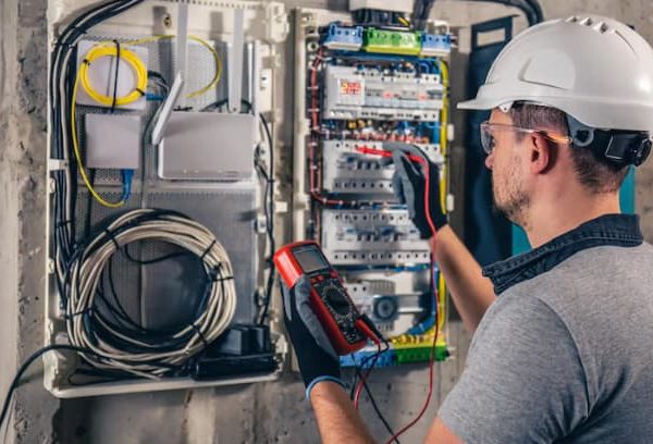 homem mexendo no quadro de luz